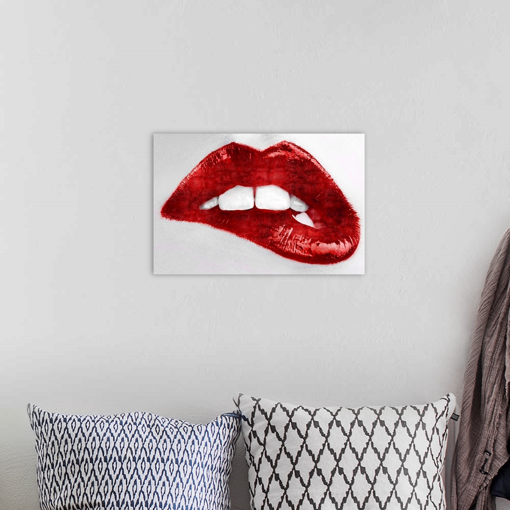 A bohemian room featuring Close up of a woman biting her lip with bright red lipstick