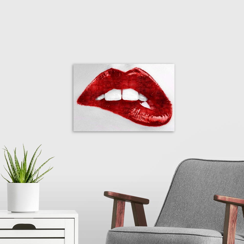 A modern room featuring Close up of a woman biting her lip with bright red lipstick