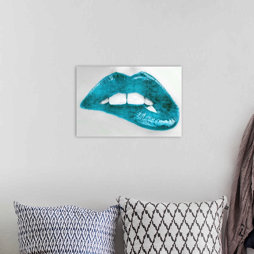 A bohemian room featuring Close up of a woman biting her lip with bright teal lipstick