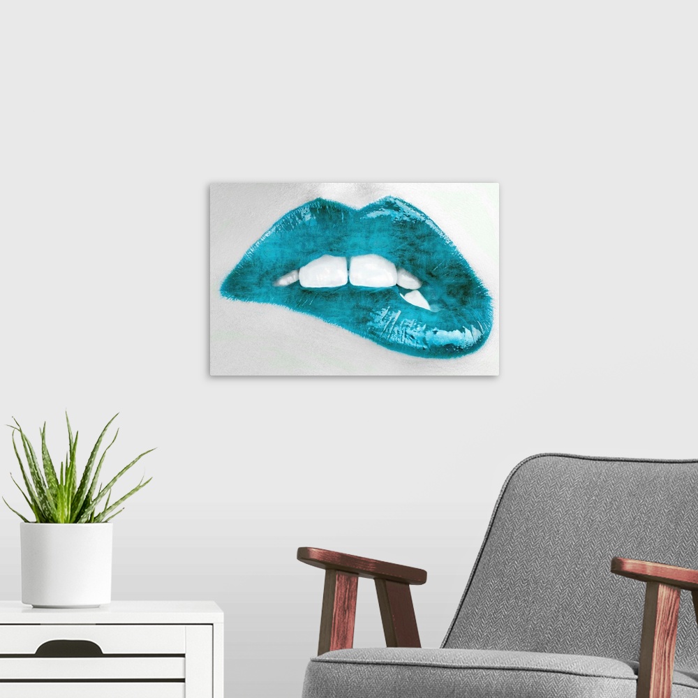 A modern room featuring Close up of a woman biting her lip with bright teal lipstick