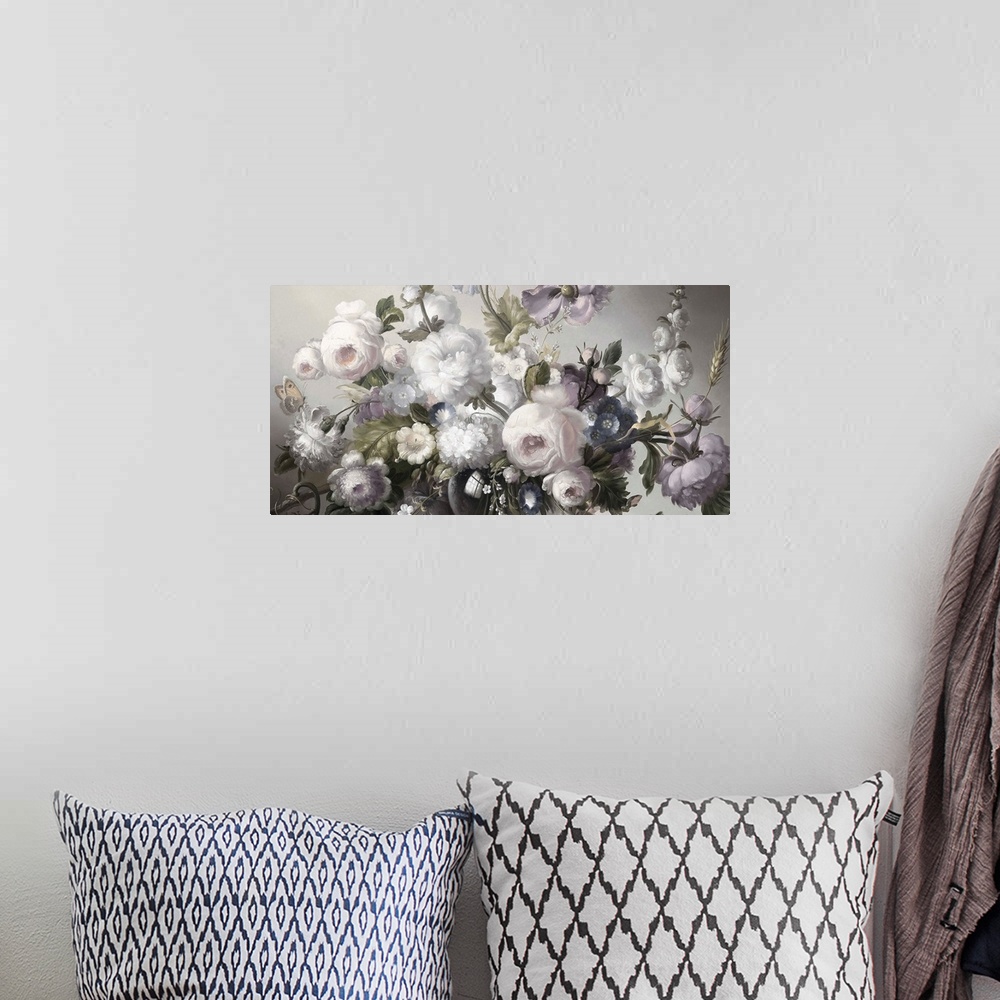 A bohemian room featuring Desaturated artwork showing a romantic bouquet of flowers over a light background.
