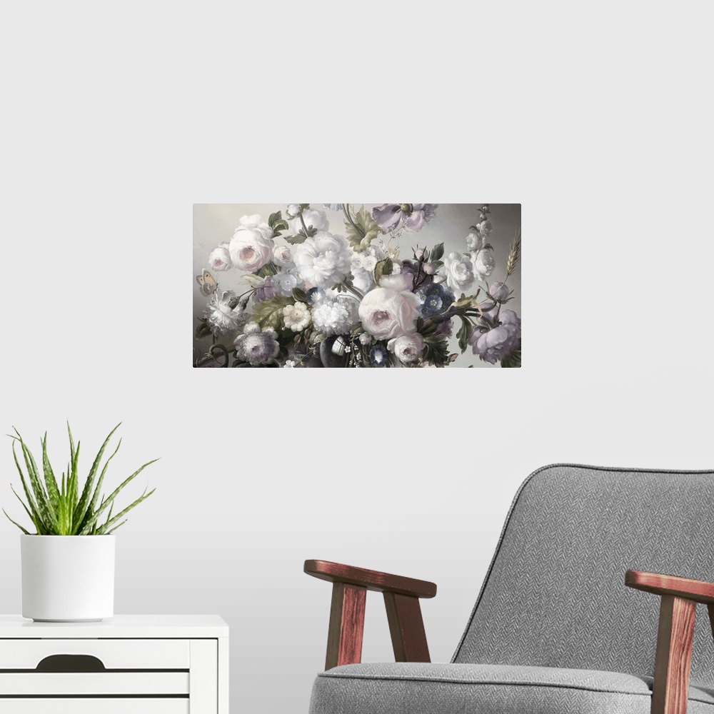 A modern room featuring Desaturated artwork showing a romantic bouquet of flowers over a light background.
