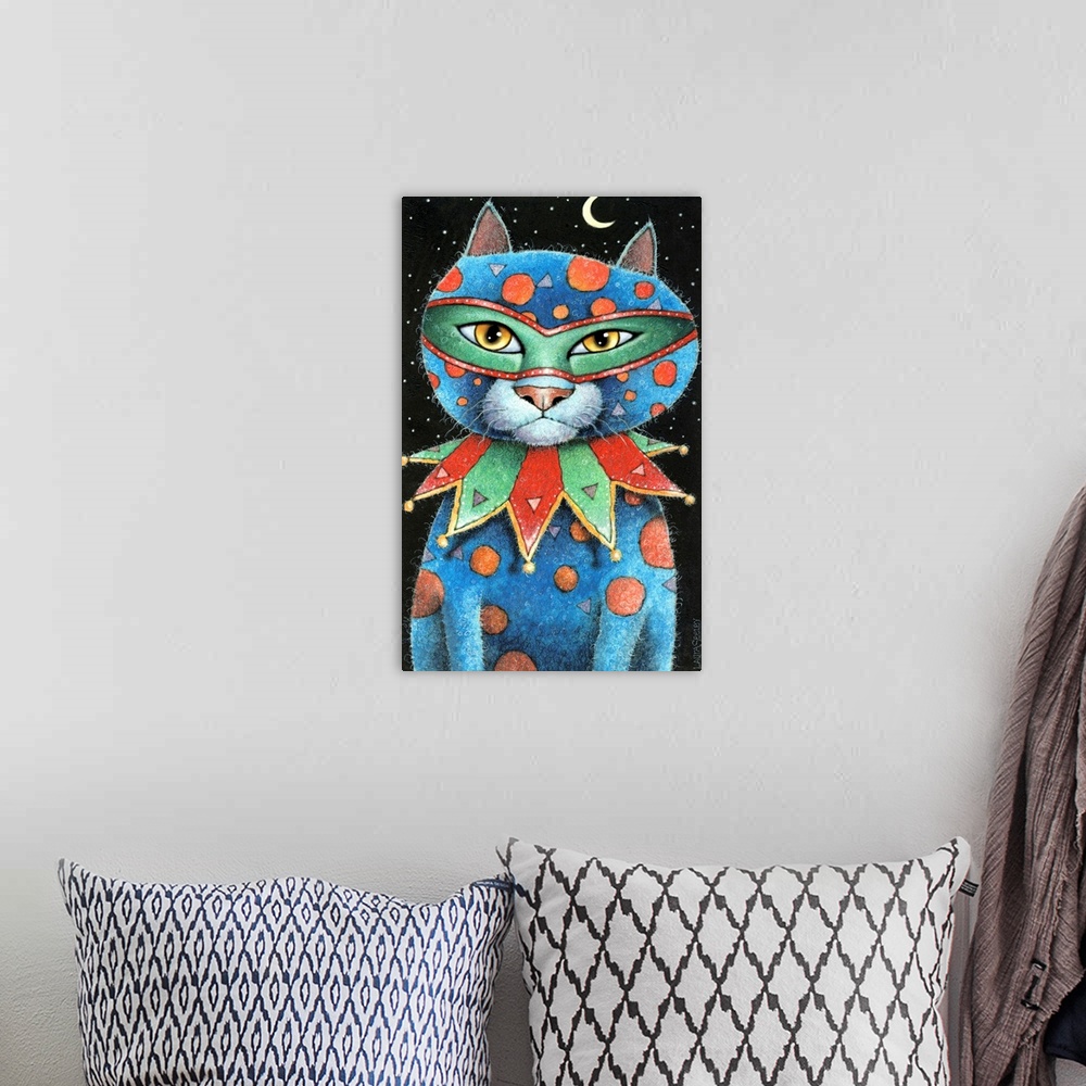 A bohemian room featuring Illustration of a blue cat with orange and purple geometric shaped designs wearing Mardi Gras gear.