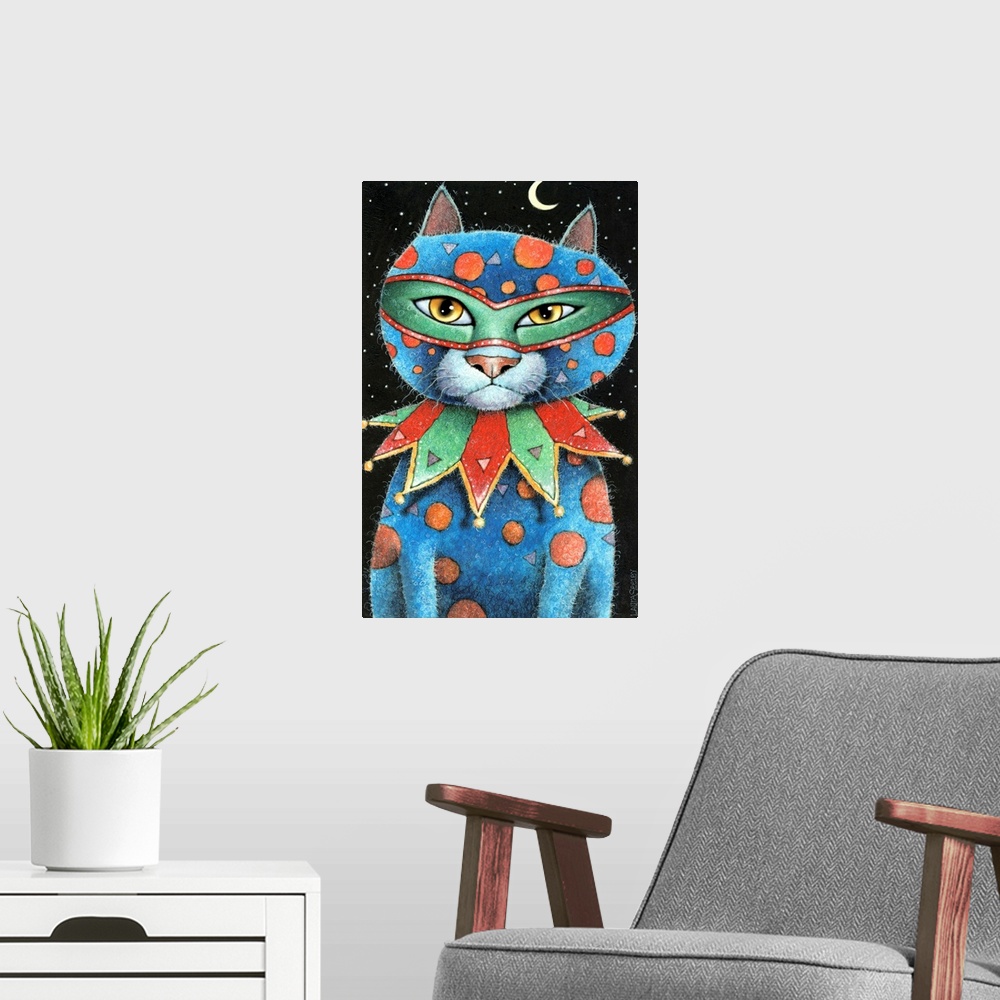A modern room featuring Illustration of a blue cat with orange and purple geometric shaped designs wearing Mardi Gras gear.