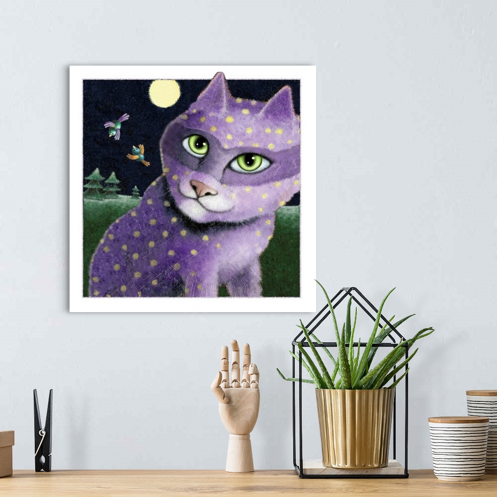 A bohemian room featuring Square illustration of a purple cat with yellow polka dots and a masquerade mask outside at night...