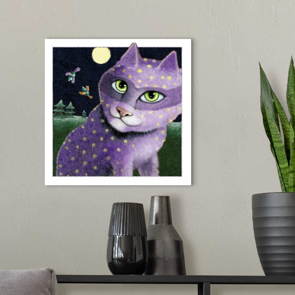 A modern room featuring Square illustration of a purple cat with yellow polka dots and a masquerade mask outside at night...