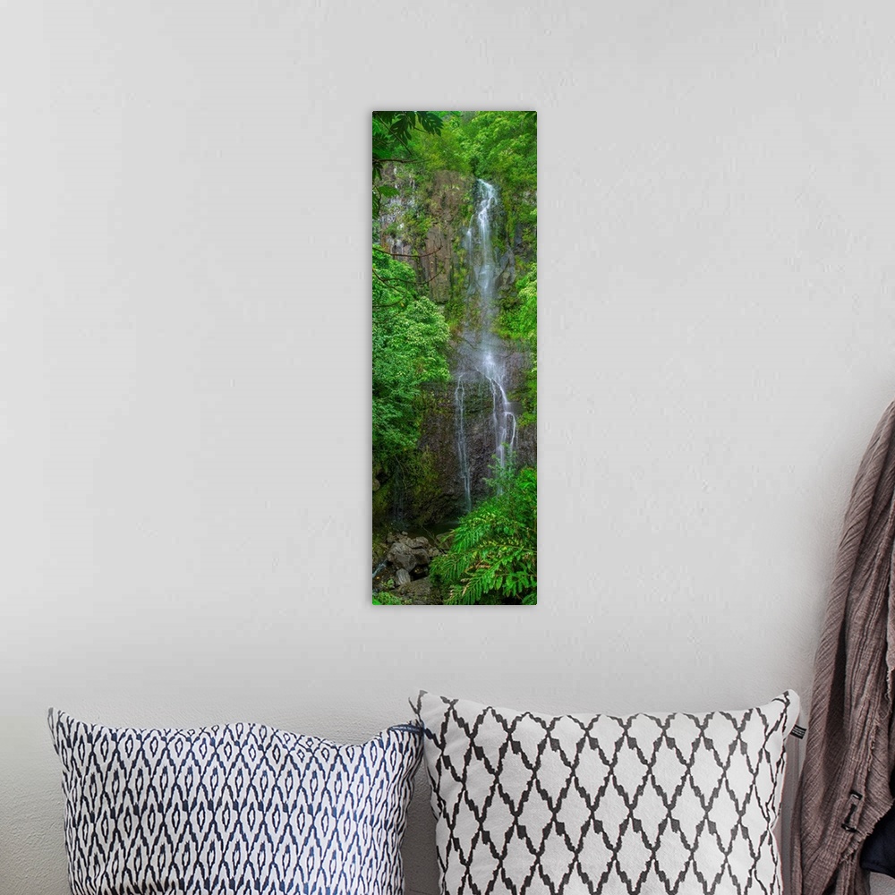 A bohemian room featuring Tall panoramic photograph of a waterfall in Maui surrounded by lush greenery.
