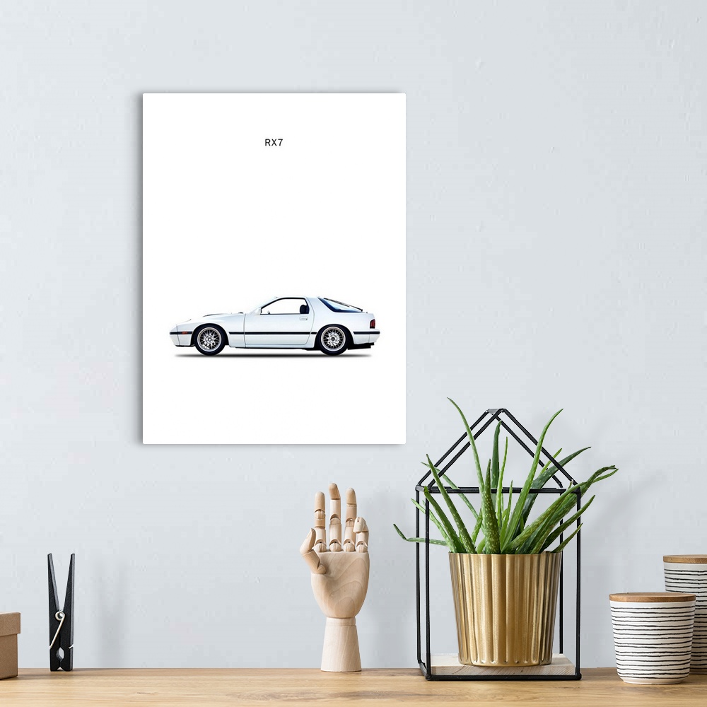 A bohemian room featuring Photograph of a white Mazda RX7 1988 printed on a white background
