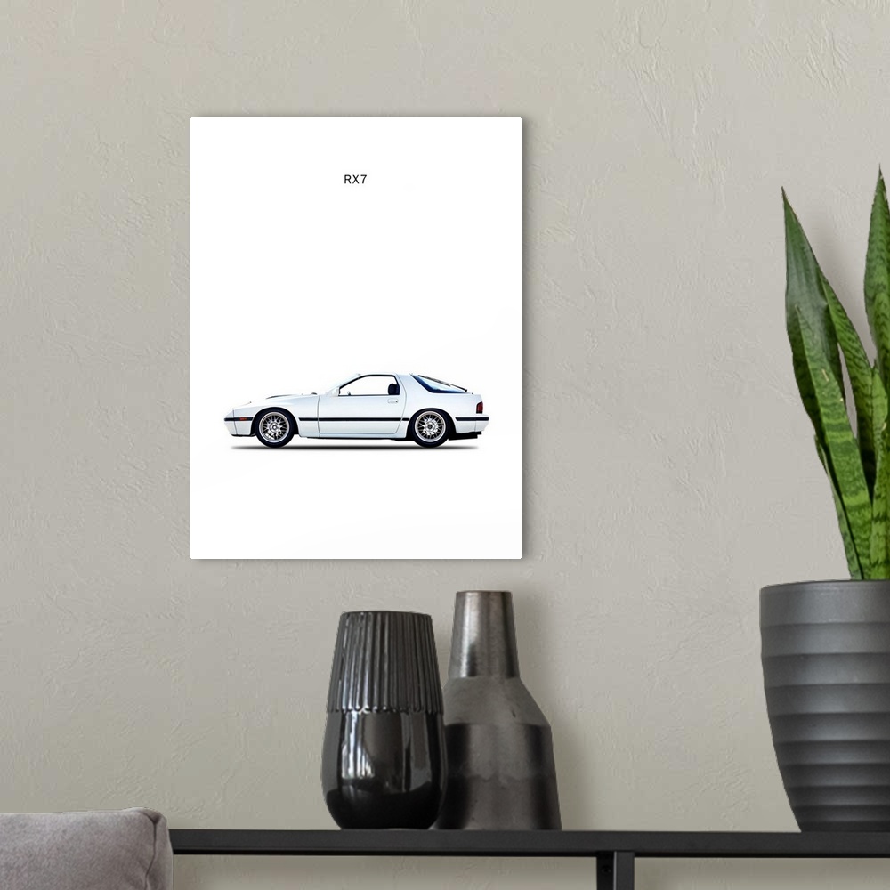 A modern room featuring Photograph of a white Mazda RX7 1988 printed on a white background