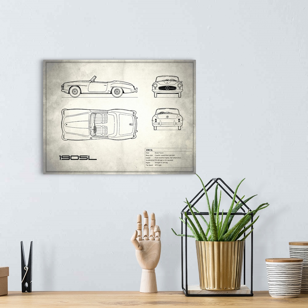 A bohemian room featuring Antique style blueprint diagram of a Mercedes 190 SL printed on a weathered white and gray backgr...