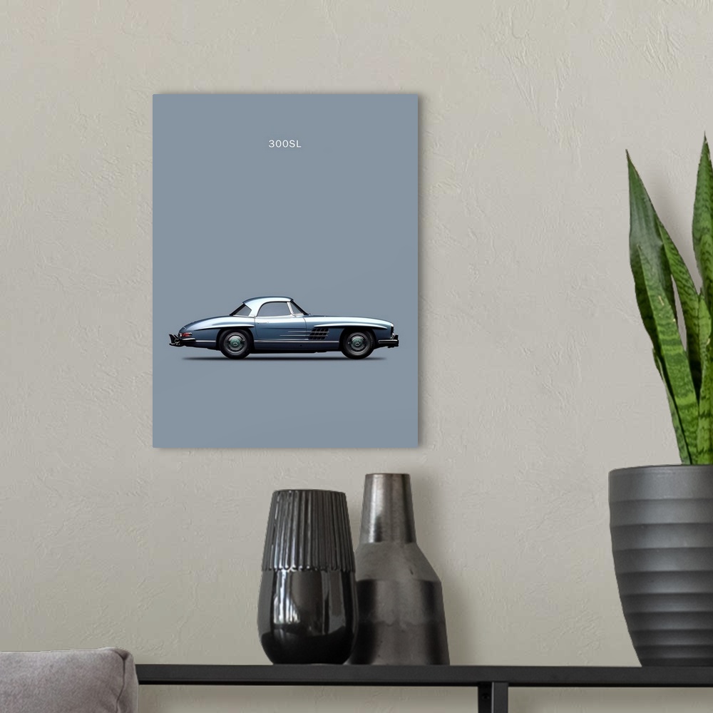 A modern room featuring Photograph of a gray Mercedes 300SL 1960 printed on a gray background