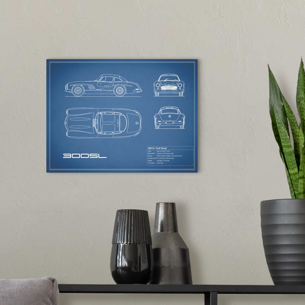 A modern room featuring Antique style blueprint diagram of a Mercedes 300SL Gullwing printed on a Blue background