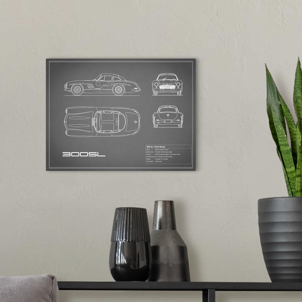 A modern room featuring Antique style blueprint diagram of a Mercedes 300SL Gullwing printed on a Grey background