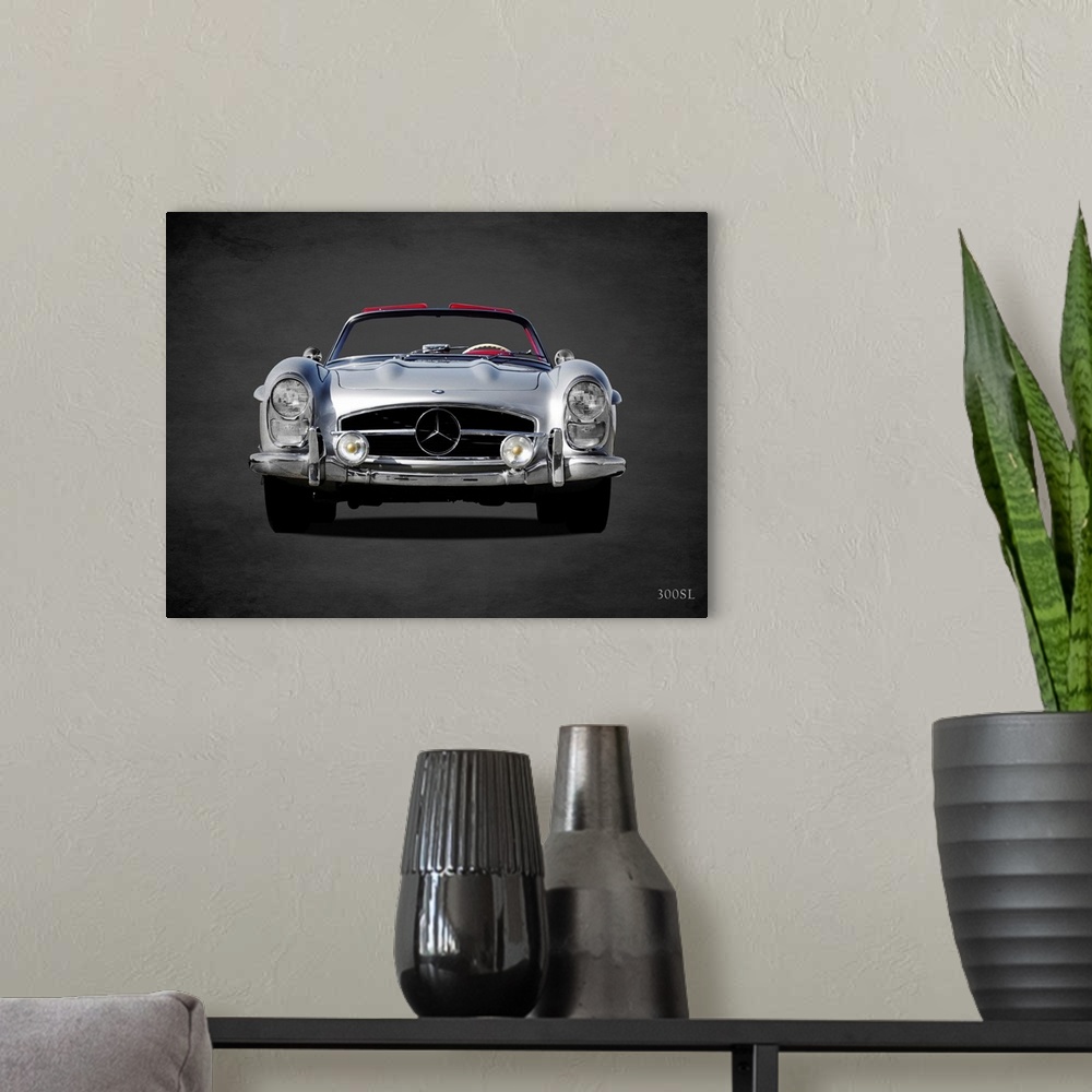 A modern room featuring Photograph of a silver 1958 Mercedes Benz 300SL printed on a black background with a dark vignette.