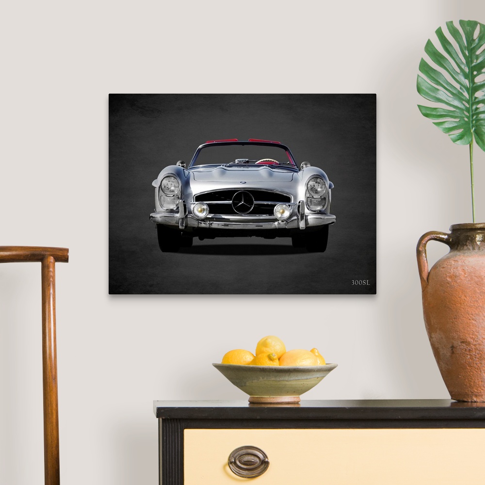 A traditional room featuring Photograph of a silver 1958 Mercedes Benz 300SL printed on a black background with a dark vignette.