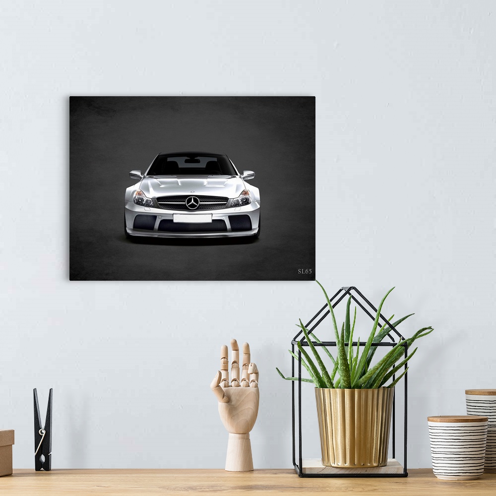 A bohemian room featuring Photograph of a silver Mercedes Benz SL65 printed on a black background with a dark vignette.