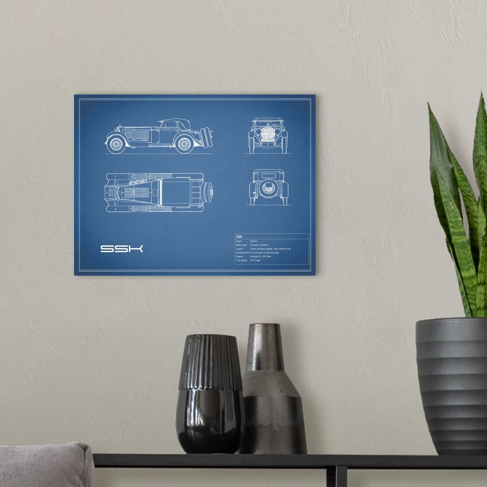 A modern room featuring Antique style blueprint diagram of a Mercedes SSK printed on a Blue background