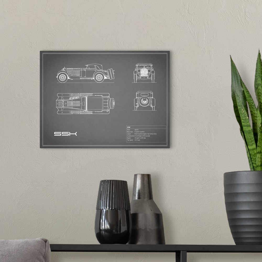 A modern room featuring Antique style blueprint diagram of a Mercedes SSK printed on a Grey background