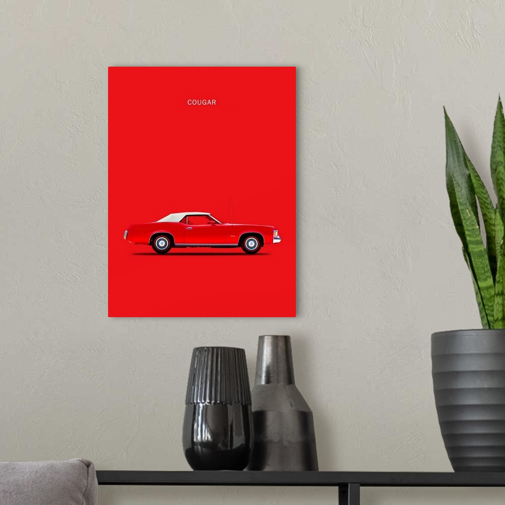A modern room featuring Photograph of a red Mercury Cougar 1973 with a white hood printed on a red background