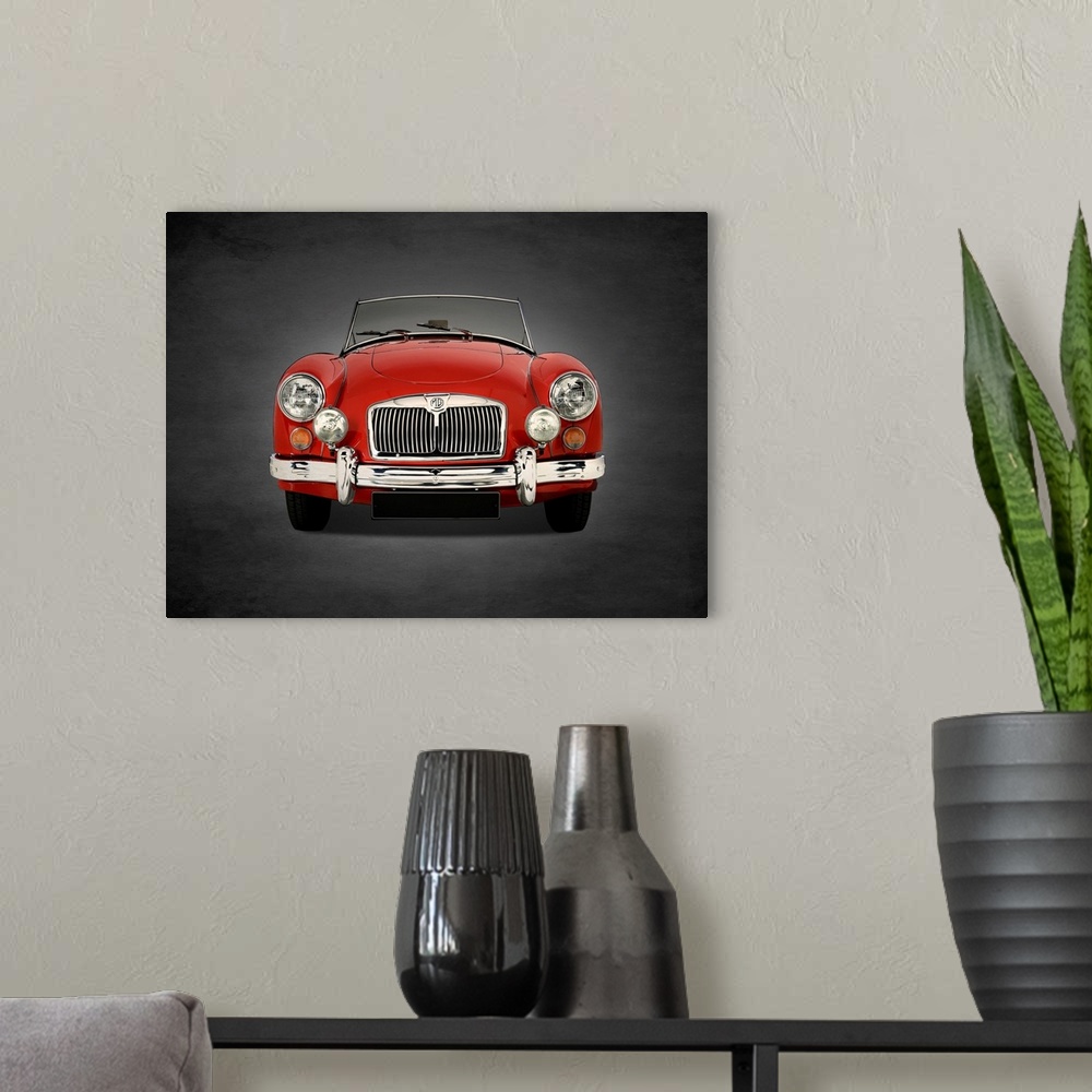 A modern room featuring Photograph of a red 1955 MG A 1500  printed on a black background with a dark vignette.