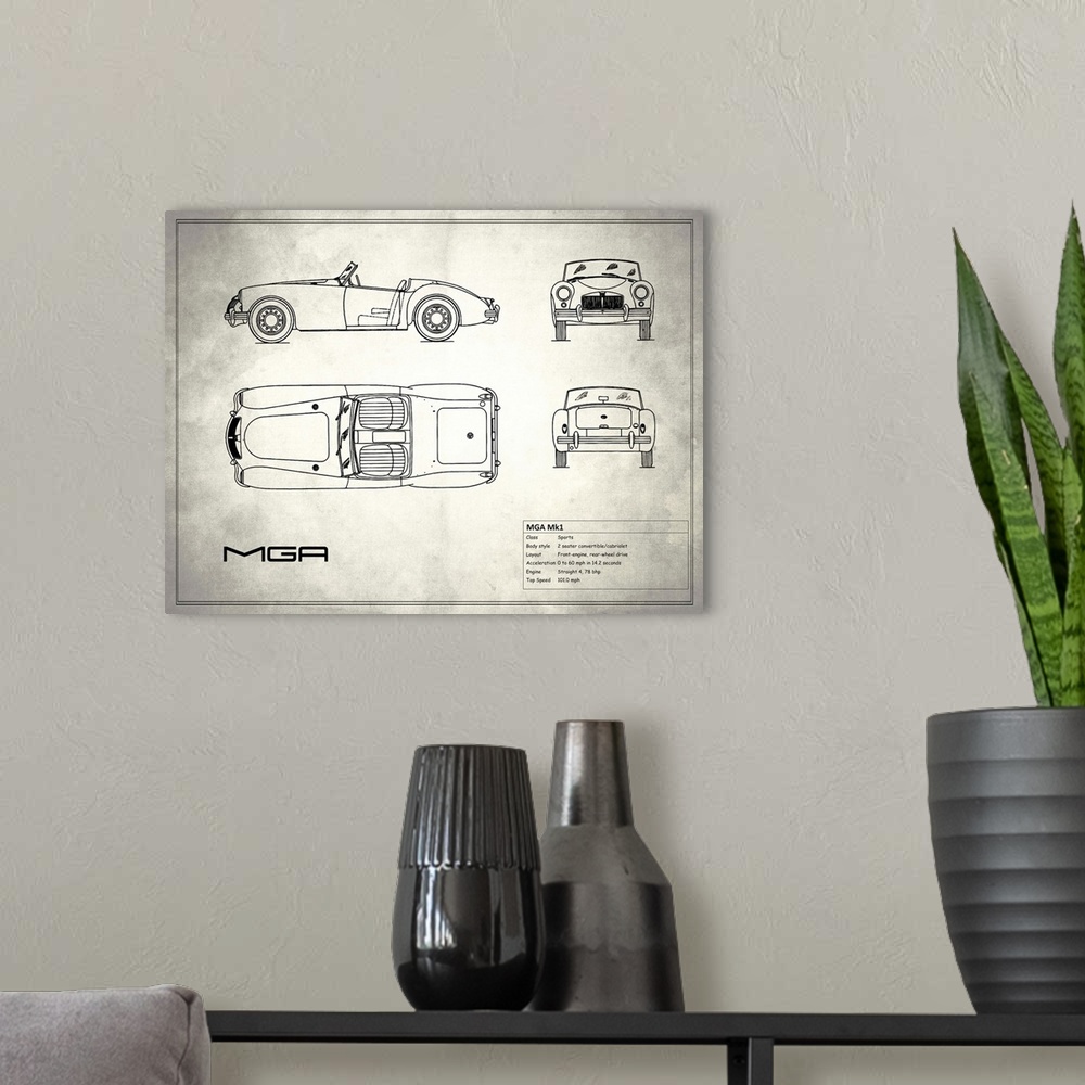 A modern room featuring Antique style blueprint diagram of a MG MGA printed on a weathered white and gray background.