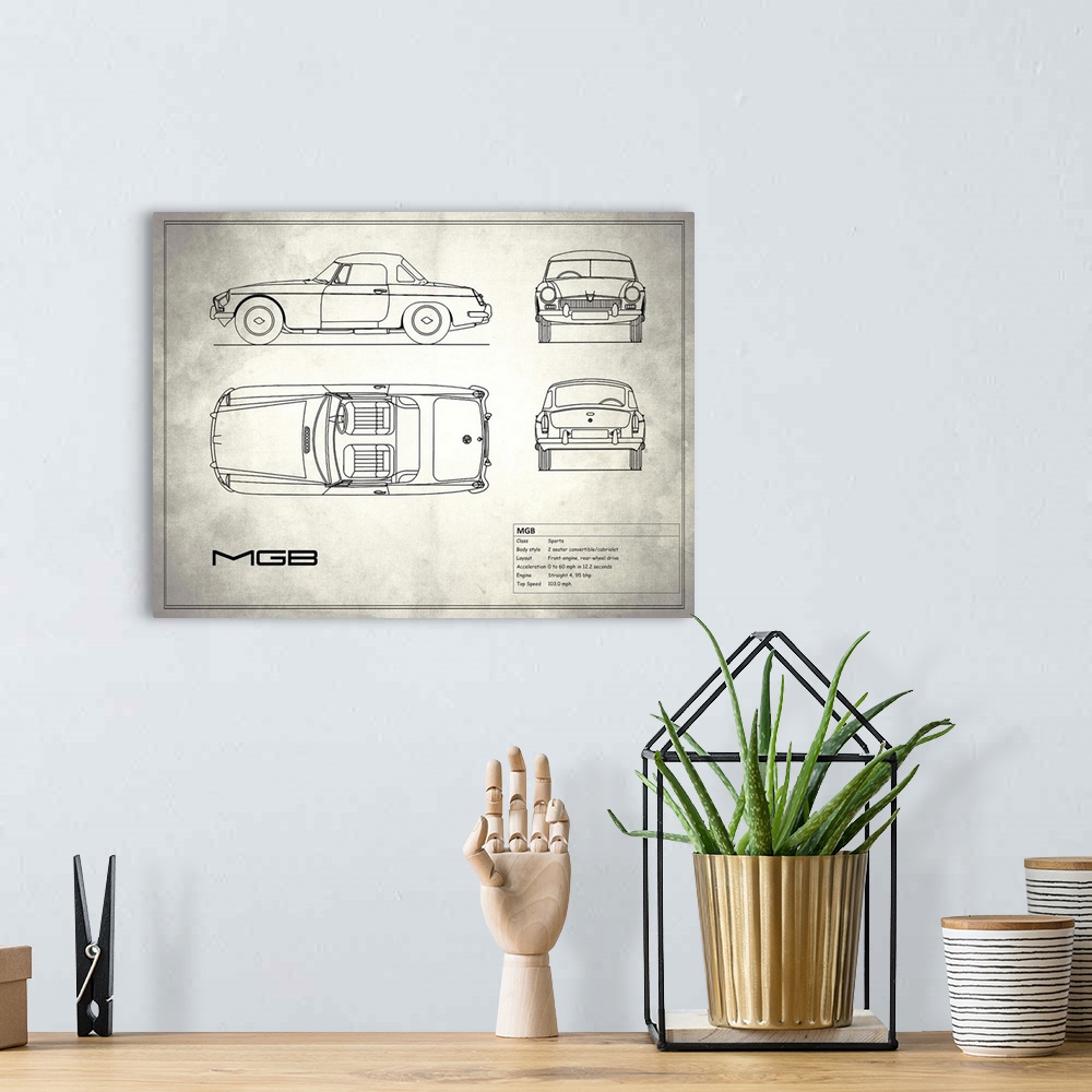 A bohemian room featuring Antique style blueprint diagram of a MG MGB printed on a weathered white and gray background.