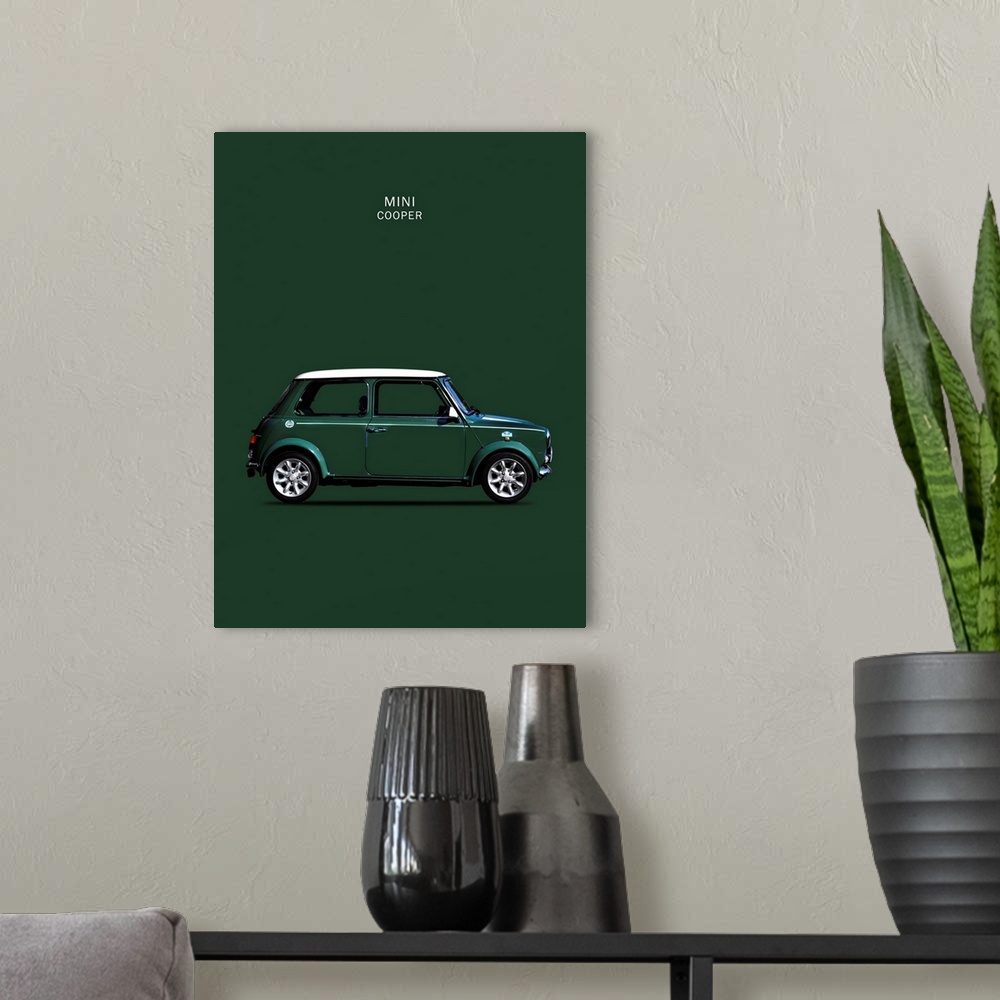 A modern room featuring Photograph of a dark green Mini Cooper 1999 with a white hood printed on a green background