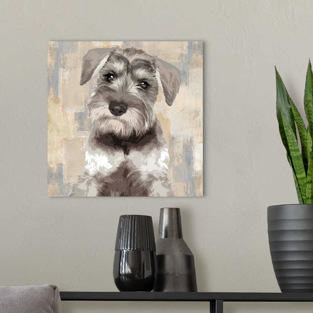 A modern room featuring Square decor with a portrait of a Miniature Schnauzer on a layered gray, blue, and tan background.