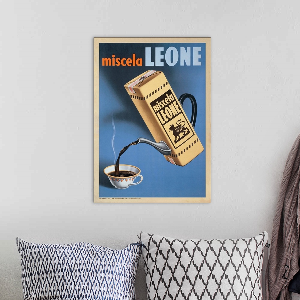 A bohemian room featuring Vintage advertisement for Miscela Leone, 1950.