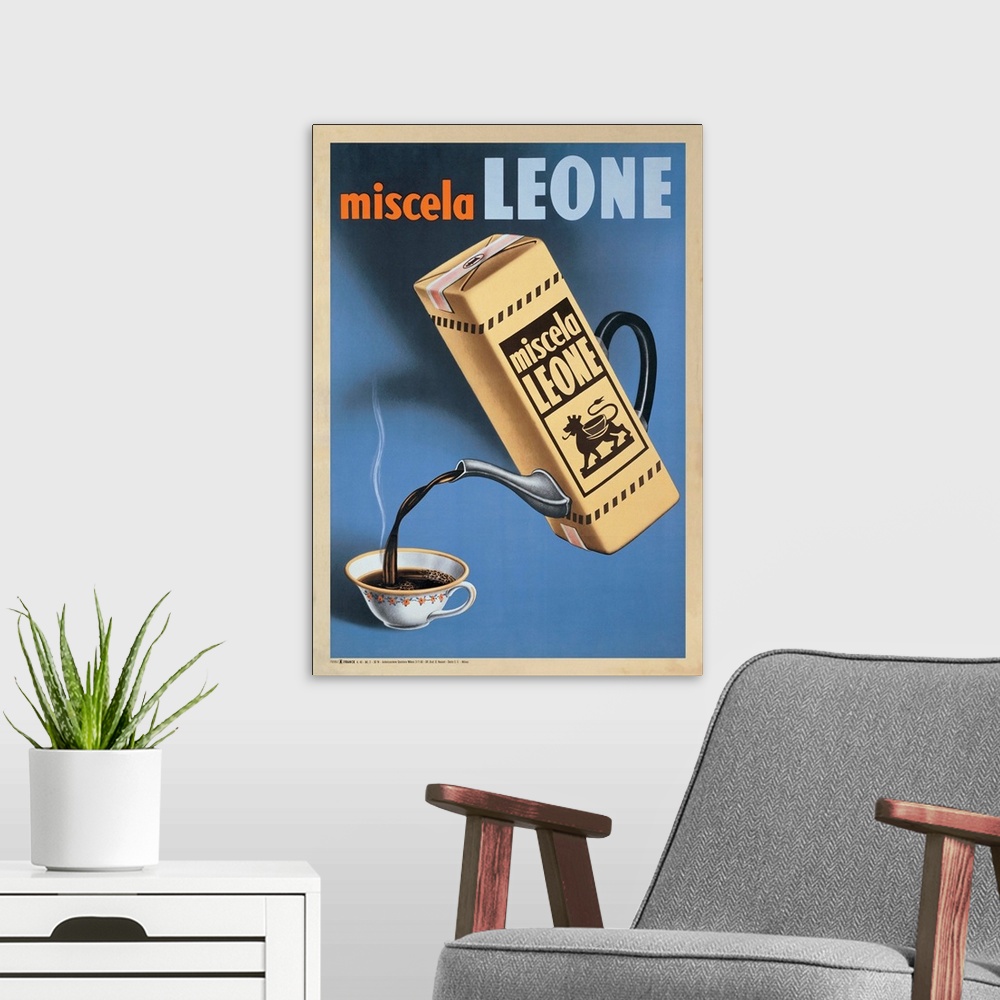 A modern room featuring Vintage advertisement for Miscela Leone, 1950.