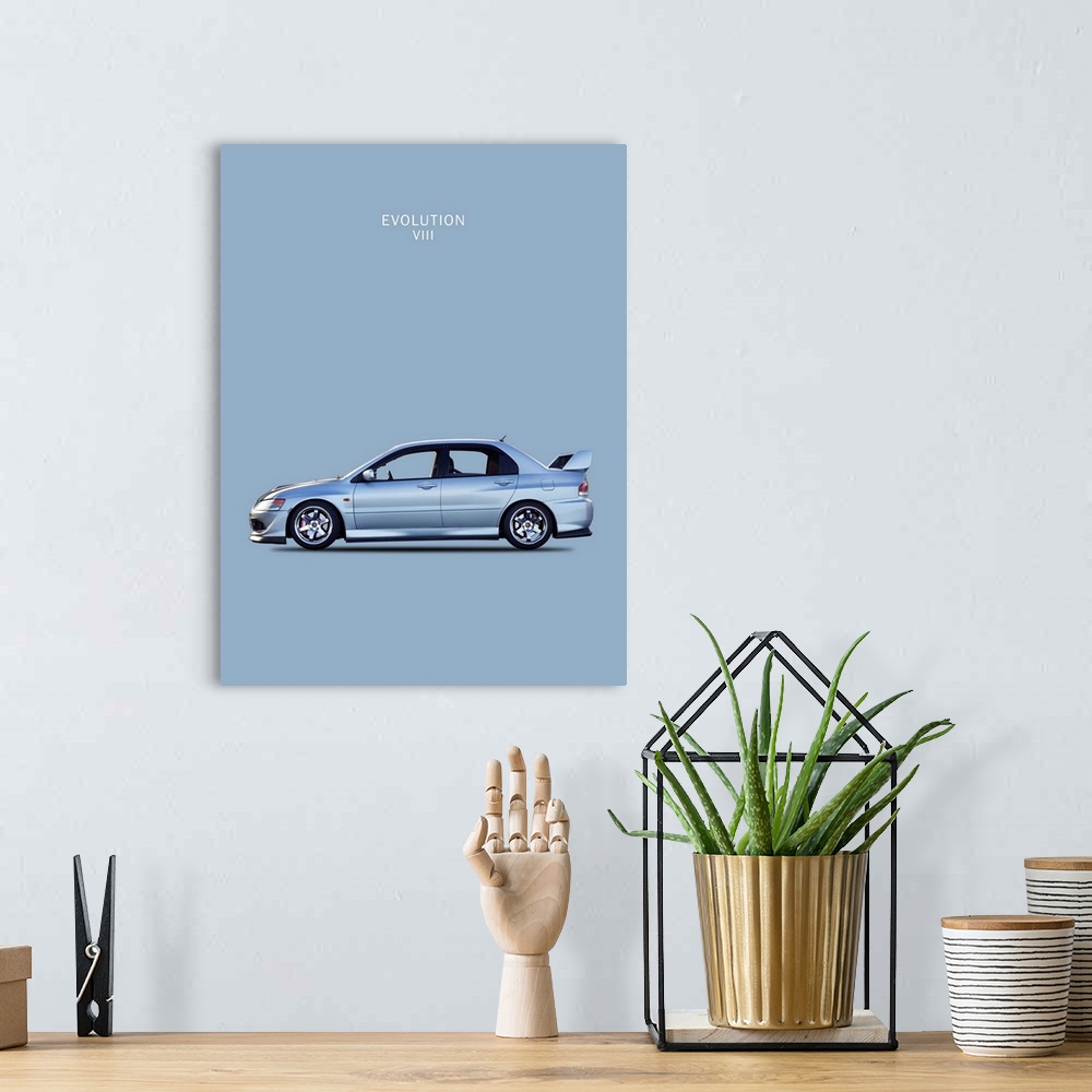 A bohemian room featuring Photograph of a silver Mitsubishi Lancer Evo. VIII printed on a gray-blue background