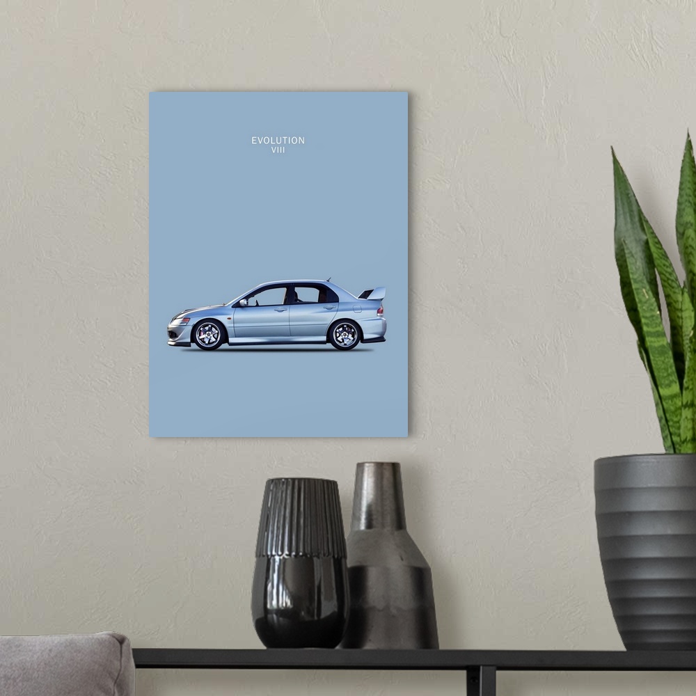 A modern room featuring Photograph of a silver Mitsubishi Lancer Evo. VIII printed on a gray-blue background