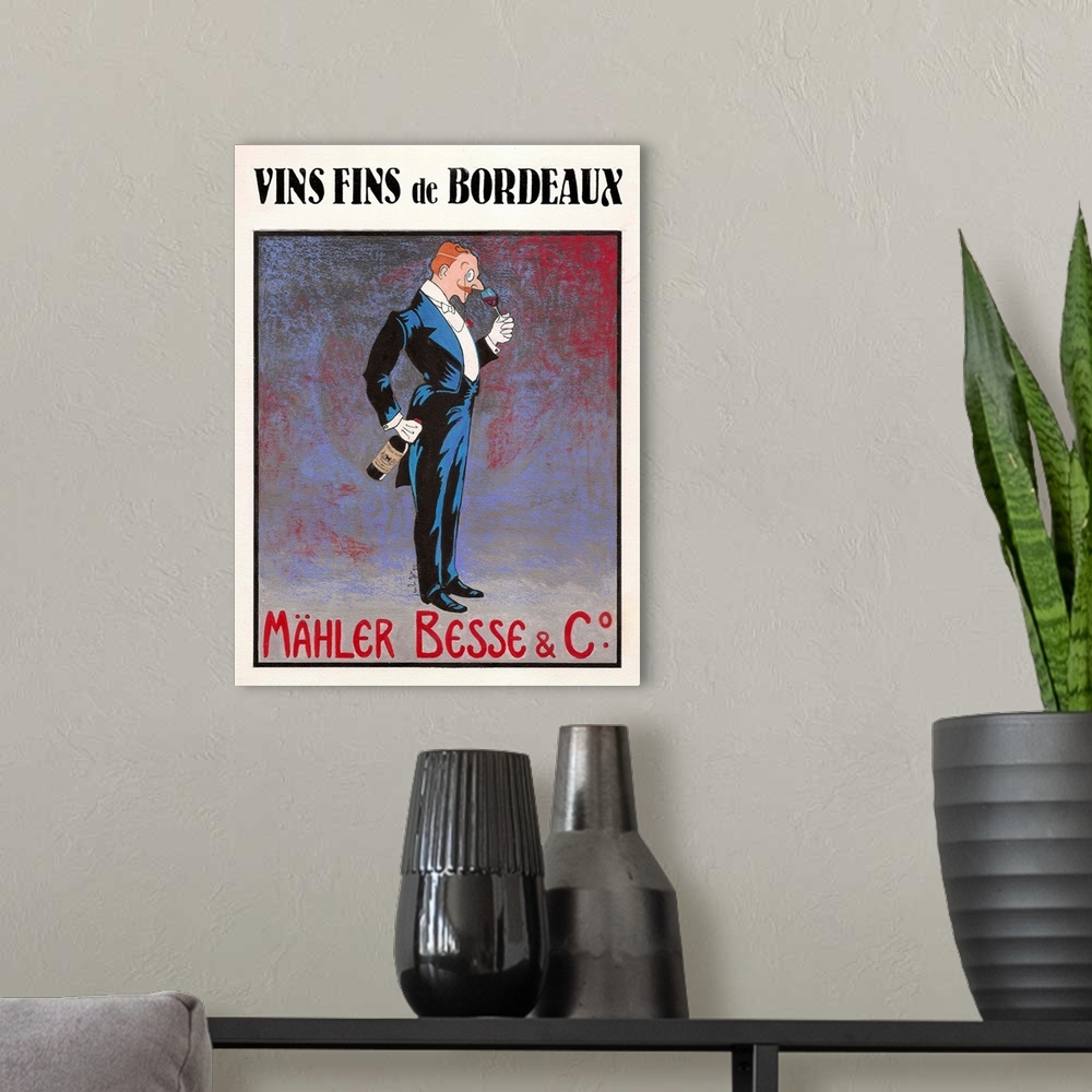 A modern room featuring French poster advertising wine with a man wearing a tuxedo and a monocle smelling a glass of red ...