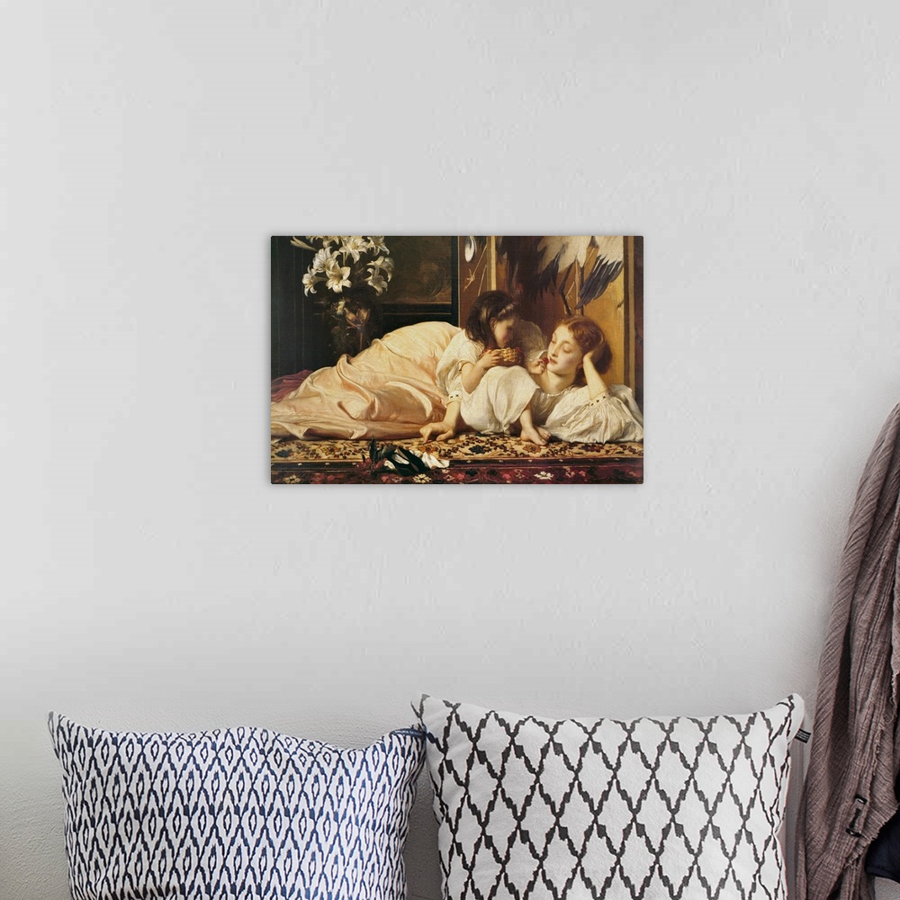 A bohemian room featuring Classic painting of mother with child relaxing on a rug.