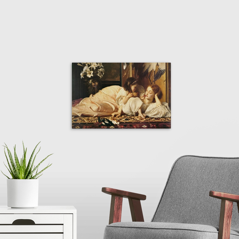 A modern room featuring Classic painting of mother with child relaxing on a rug.