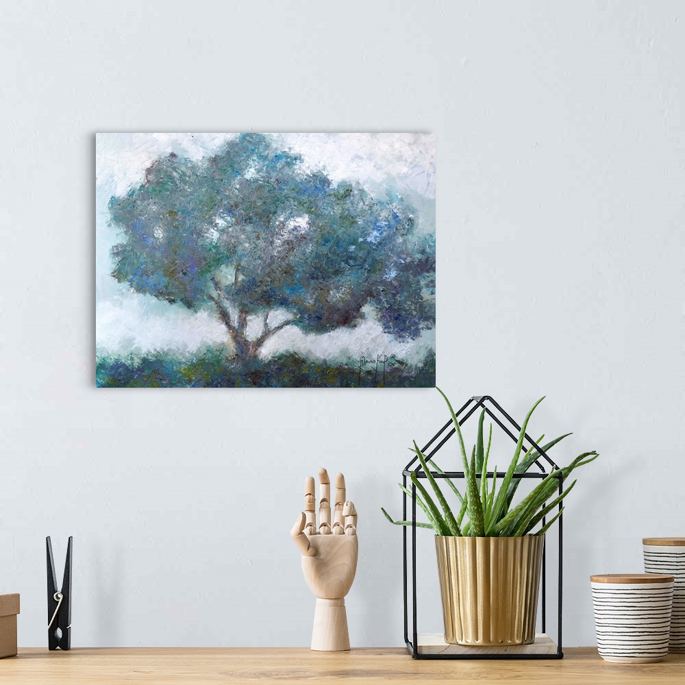 A bohemian room featuring Abstract painting of a large tree created with small, layered brushstrokes in cool shades of blue...