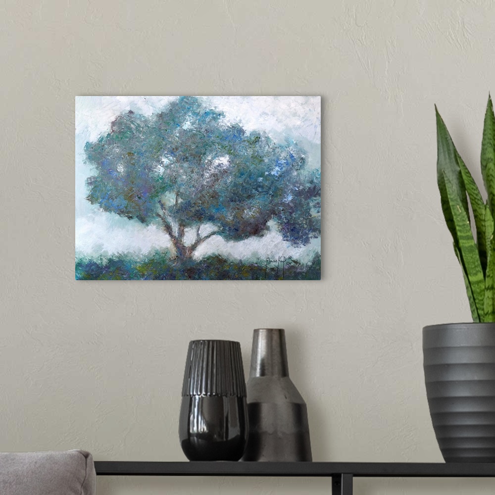 A modern room featuring Abstract painting of a large tree created with small, layered brushstrokes in cool shades of blue...