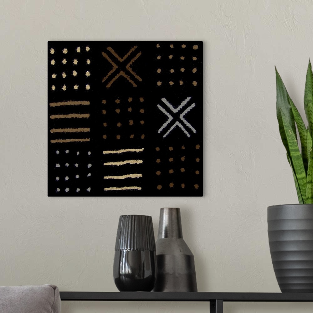 A modern room featuring Square abstract art created with patterned lines and dots in brown, tan, and gray on a black back...