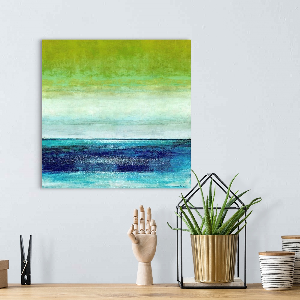 A bohemian room featuring Square abstract painting with horizontal brushstrokes from top to bottom in shades of green, blue...