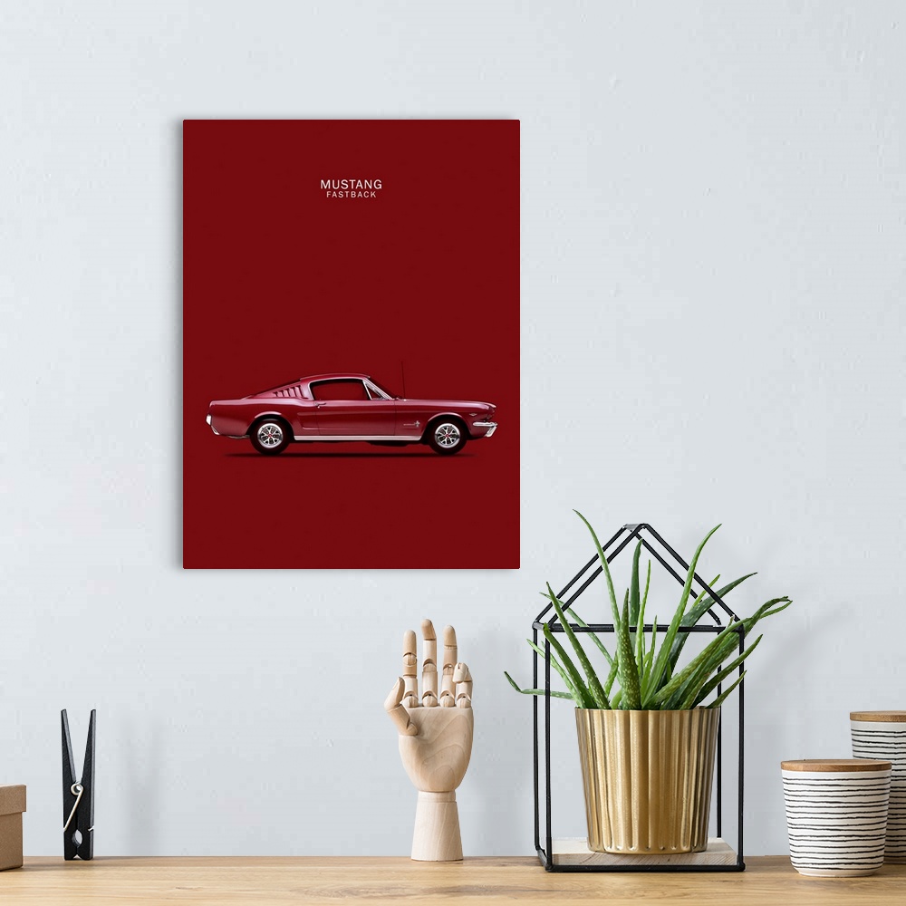 A bohemian room featuring Photograph of a maroon Mustang Fastback 65 printed on a maroon background