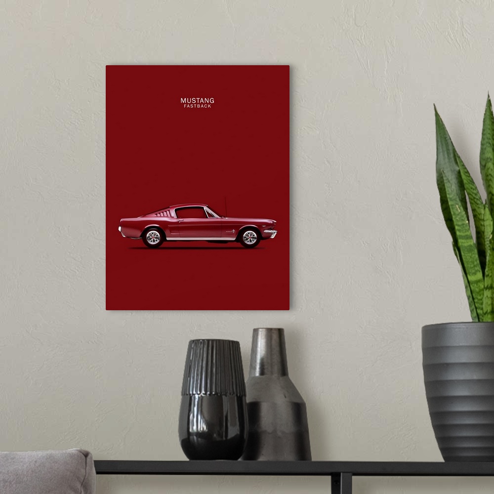 A modern room featuring Photograph of a maroon Mustang Fastback 65 printed on a maroon background