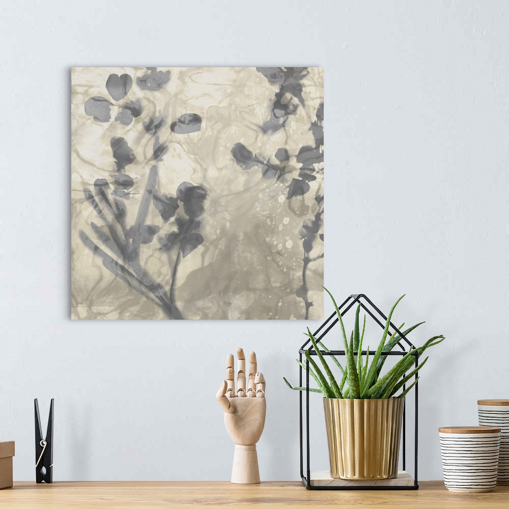 A bohemian room featuring Contemporary artwork featuring soft gray petals over a mottled background in shades of beige.