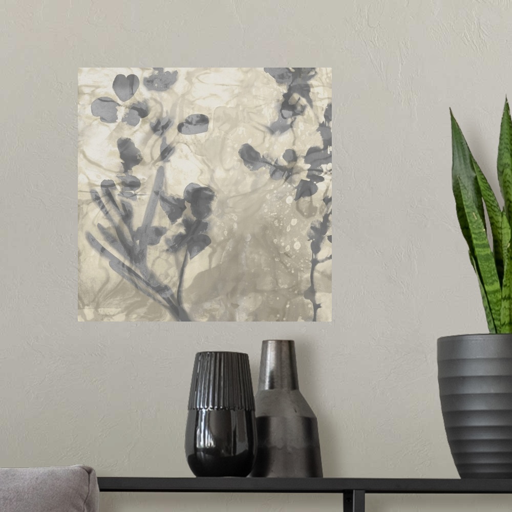 A modern room featuring Contemporary artwork featuring soft gray petals over a mottled background in shades of beige.
