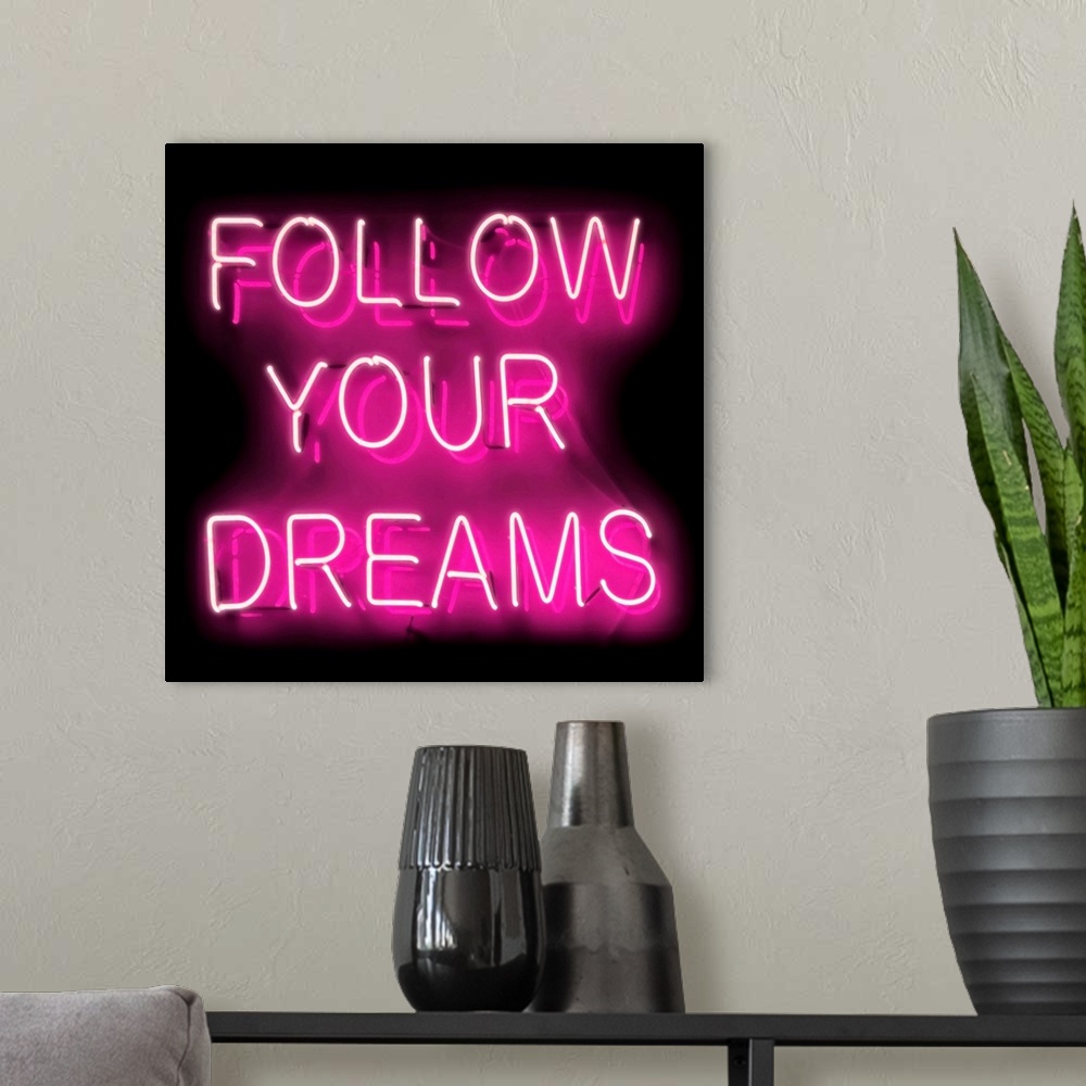 A modern room featuring Neon Follow Your Dreams PB