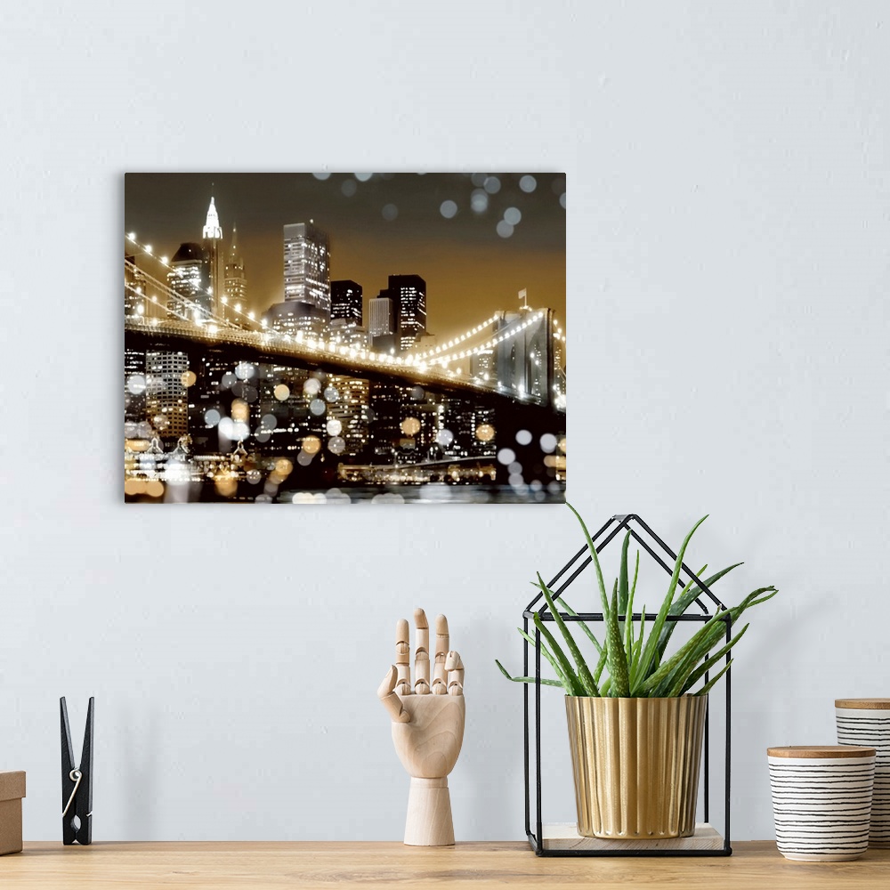 A bohemian room featuring Image of the New York City skyline at night in black, white, gold, and silver, with the Brooklyn ...