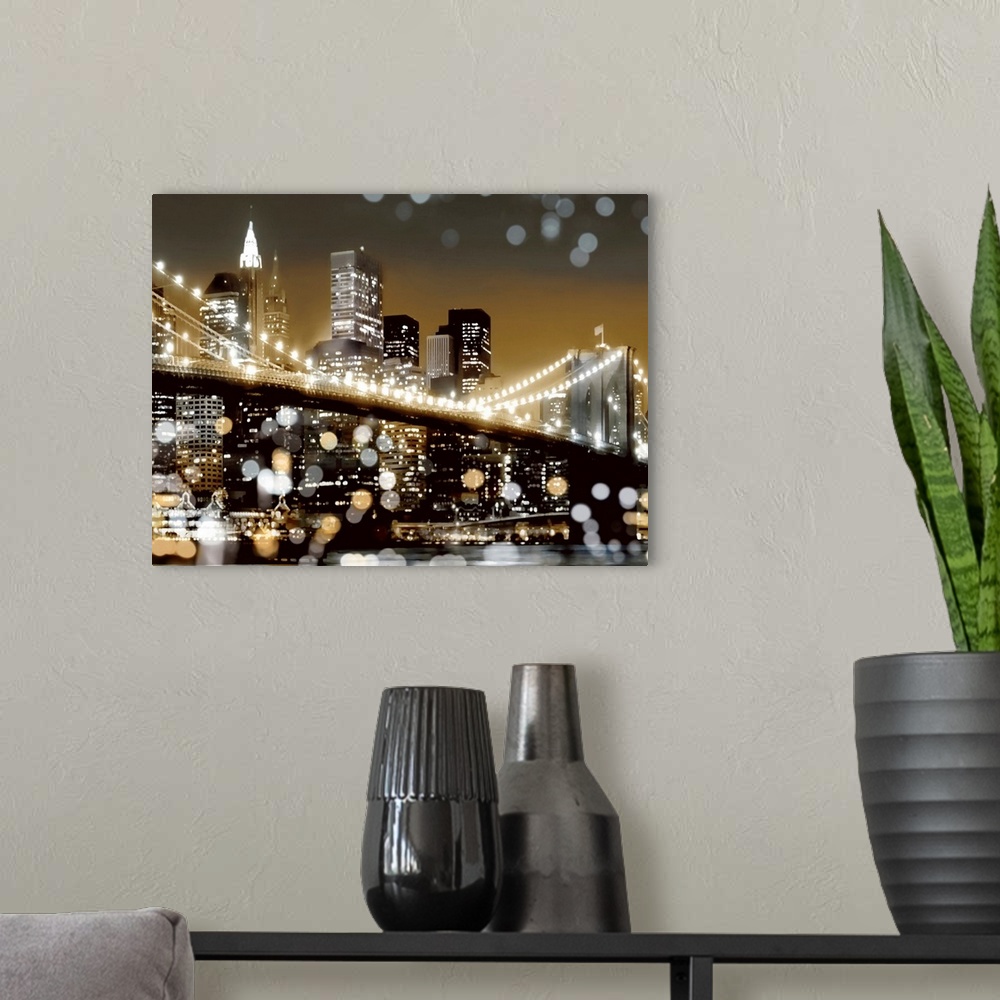 A modern room featuring Image of the New York City skyline at night in black, white, gold, and silver, with the Brooklyn ...