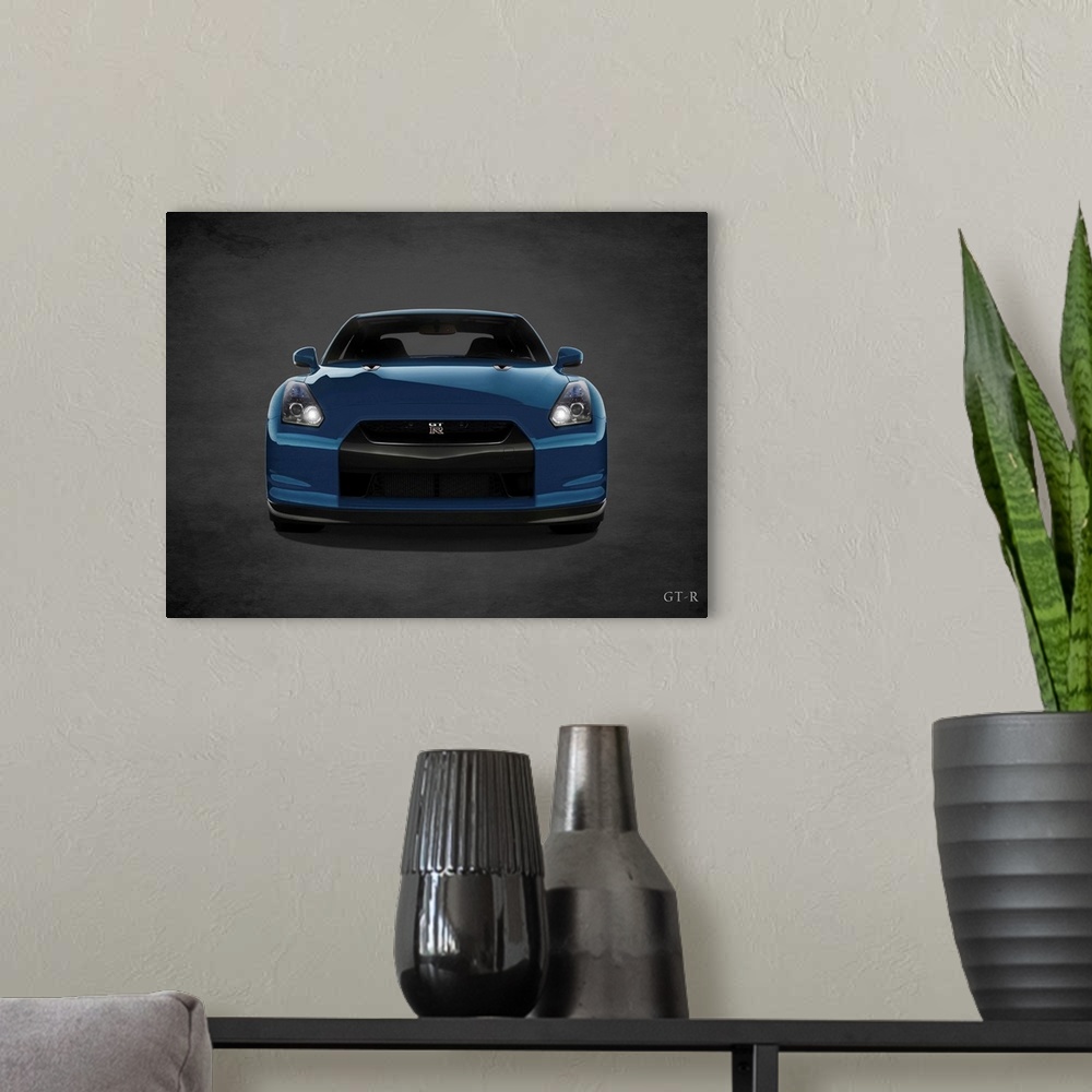 A modern room featuring Photograph of a blue Niassn GT-R printed on a black background with a dark vignette.