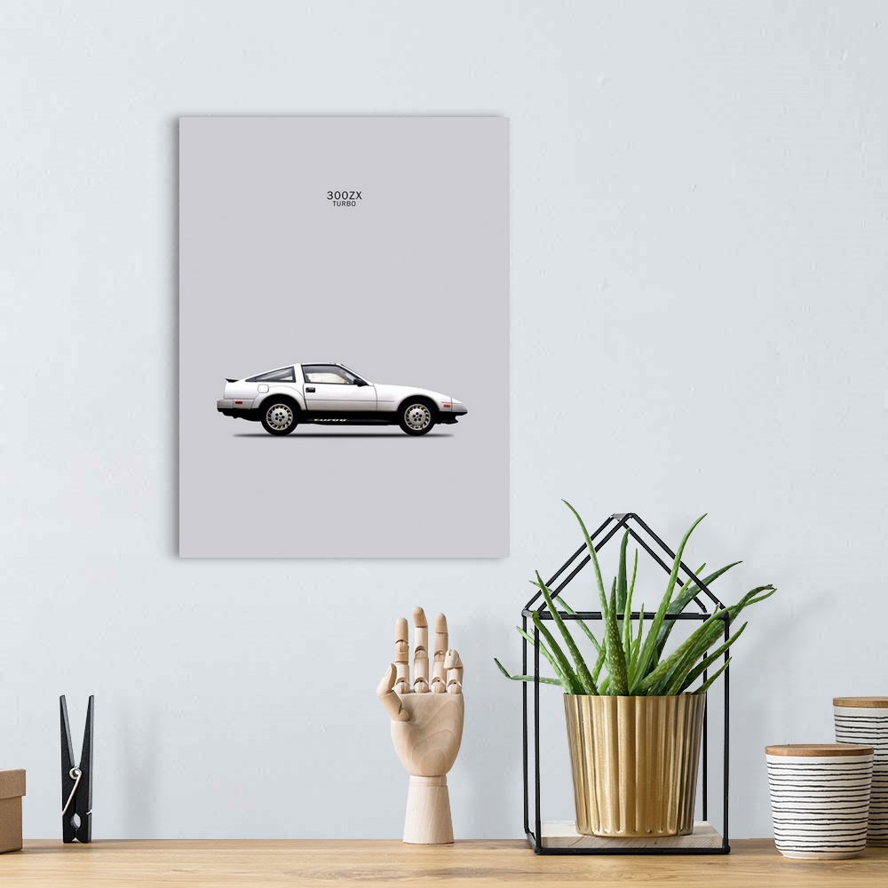 A bohemian room featuring Photograph of a silver Nissan 300ZX Turbo 1984 printed on a gray background
