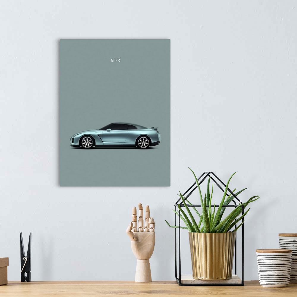 A bohemian room featuring Photograph of a Nissan GT-R printed on a gray background