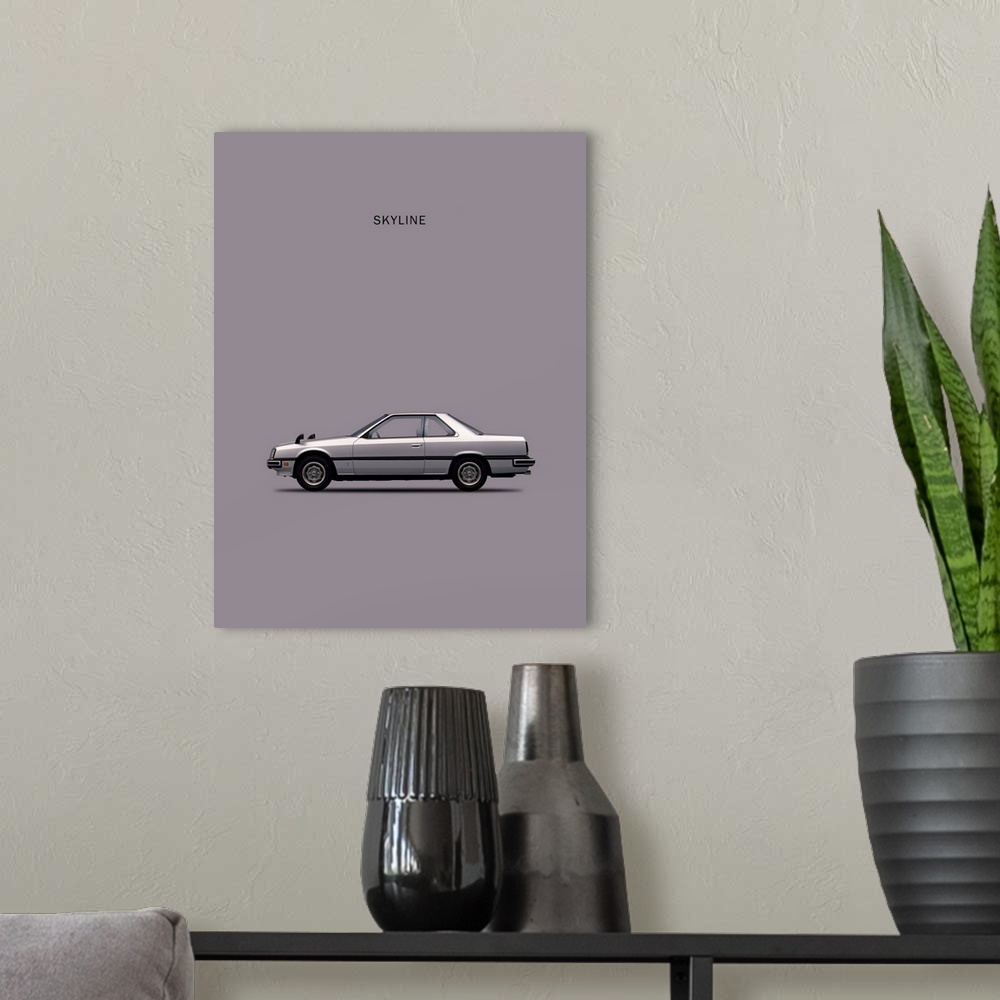 A modern room featuring Photograph of a silver Nissan Skyline 2000GT printed on a gray background
